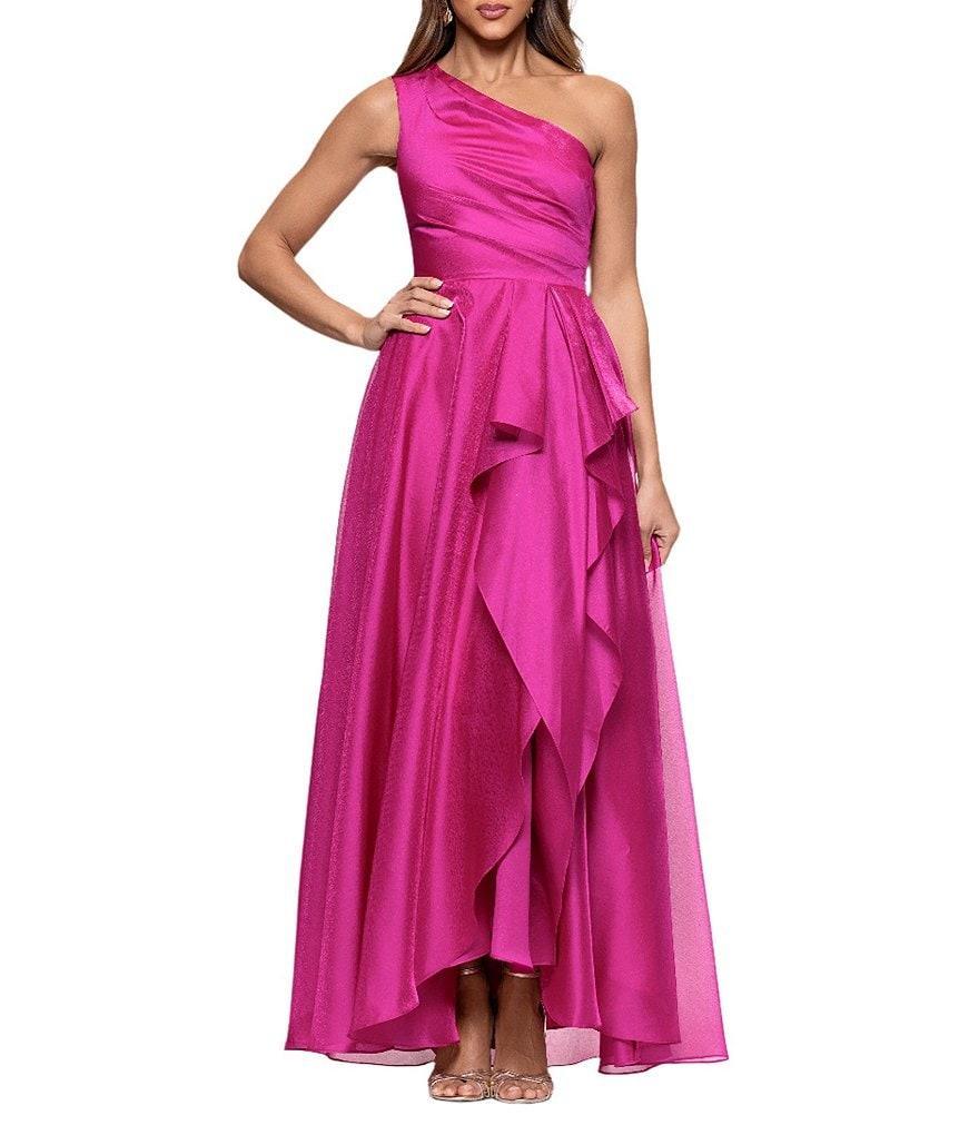 Xscape One Shoulder Cascading Side Ruffle Organza A-Line Dress Product Image