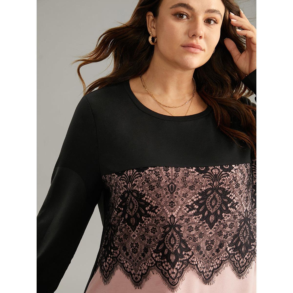 Plus Size Contrast Eyelet Lace Crew Neck Sweatshirt Women Black Elegant Contrast Round Neck Dailywear Sweatshirts BloomChic 22-24/3X Product Image