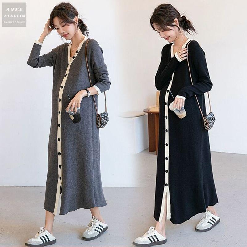 Maternity Long-Sleeve V-Neck Contrast Trim Button Front Midi A-Line Knit Dress Product Image