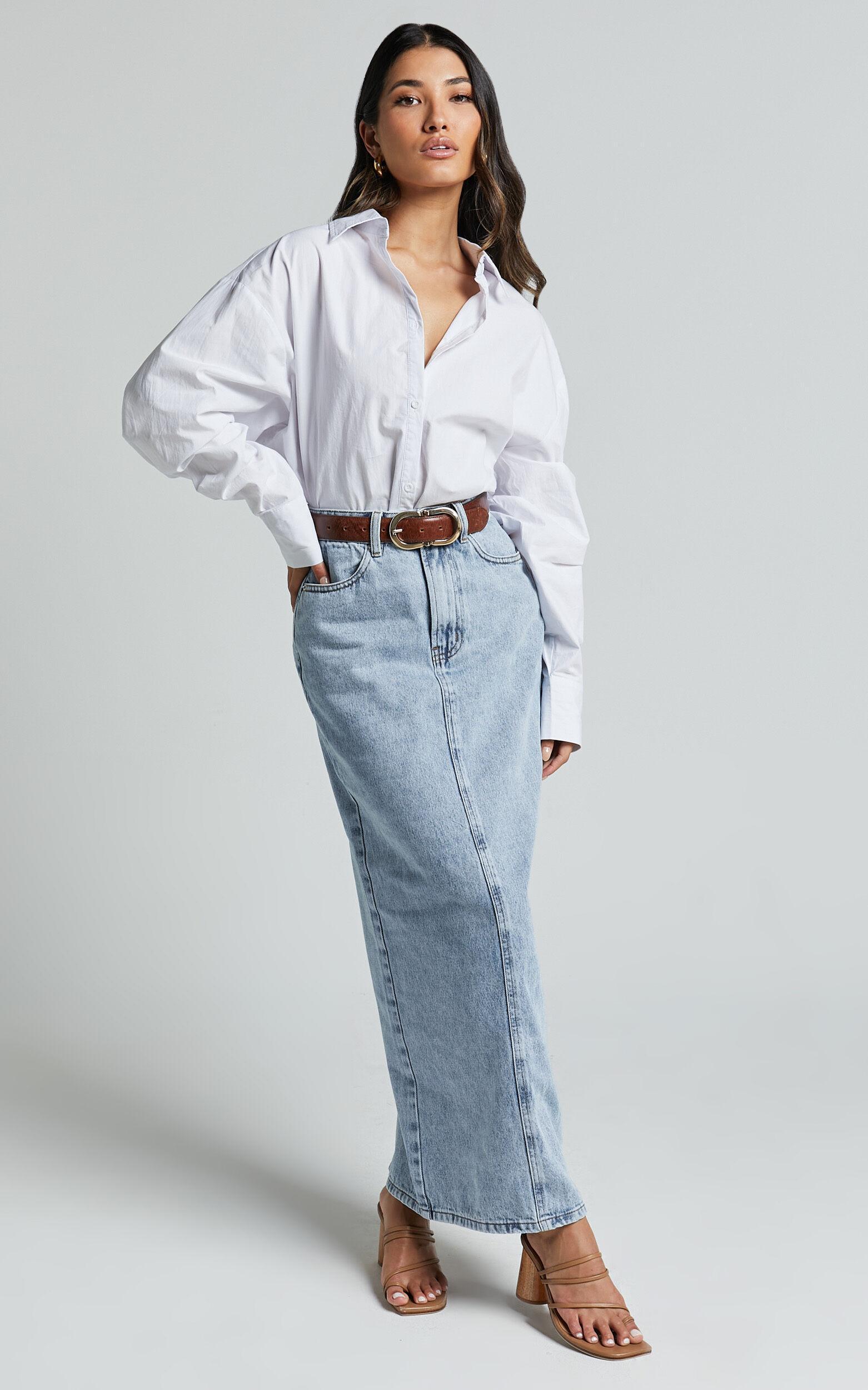 Bailee Midi Skirt - Denim Column Back Split Skirt in Light Blue Wash Product Image