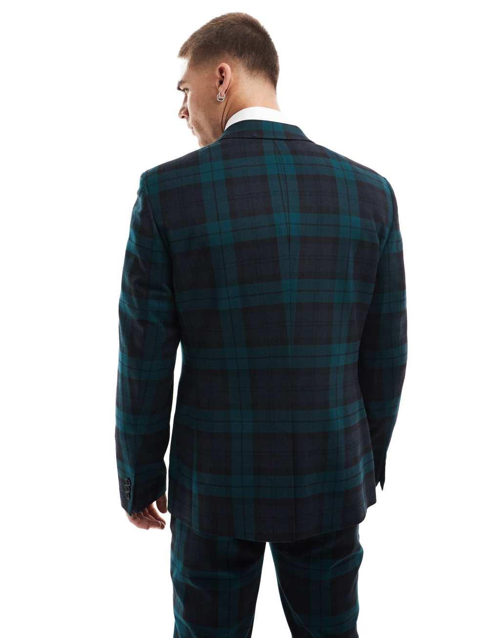 ASOS DESIGN skinny suit jacket in dark green tartan Product Image