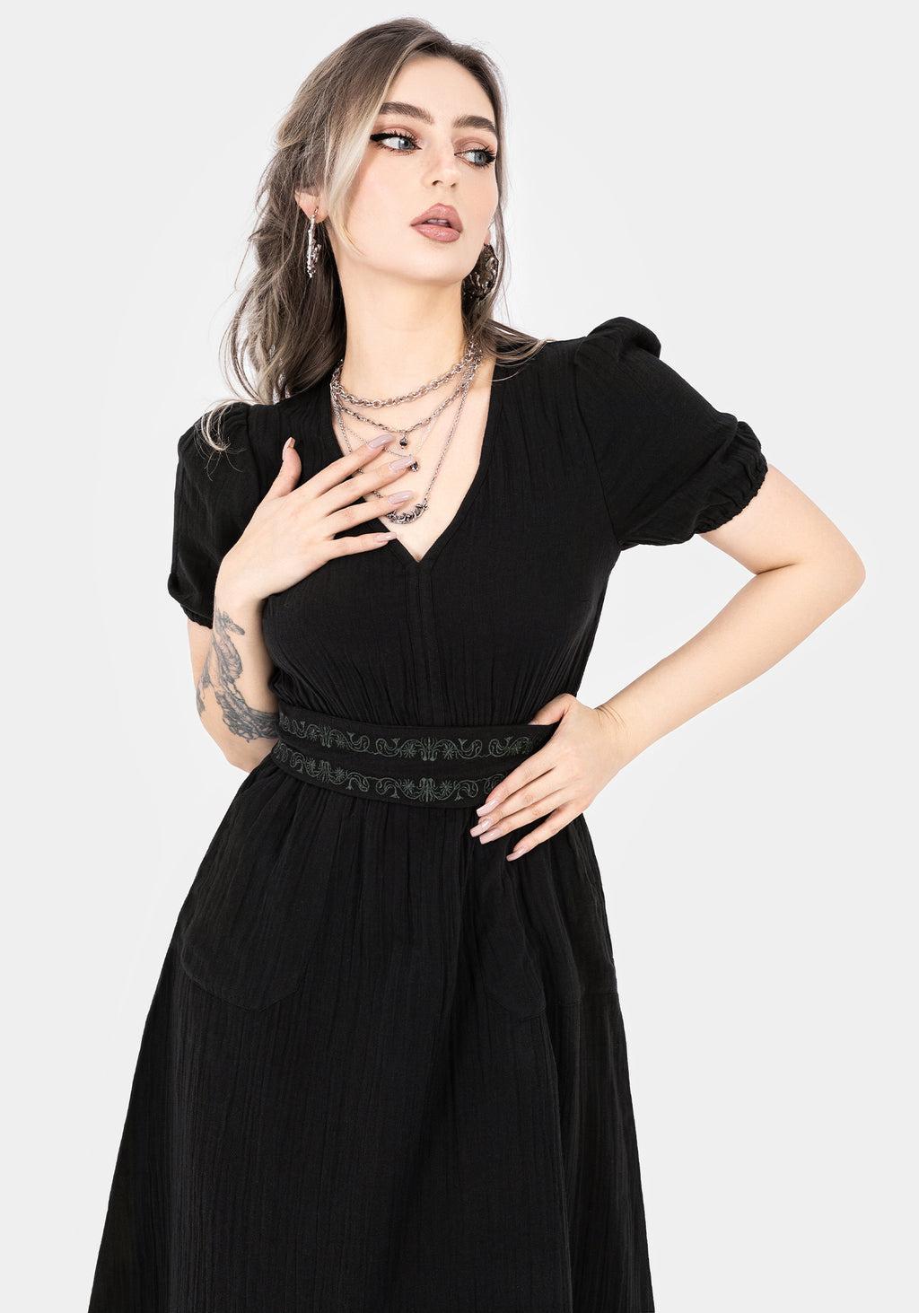 Poultice Embroidered Cotton Midi Dress - Black Product Image