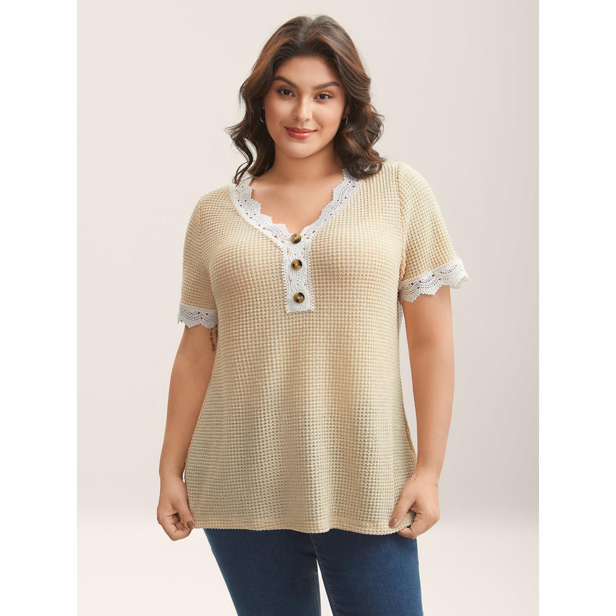 Plus Size Sheer Waffle Textured Lace Trim T-Shirt Beige Women Woven ribbon&lace trim V-neck Everyday-Casual T-shirts BloomChic 10/M Product Image