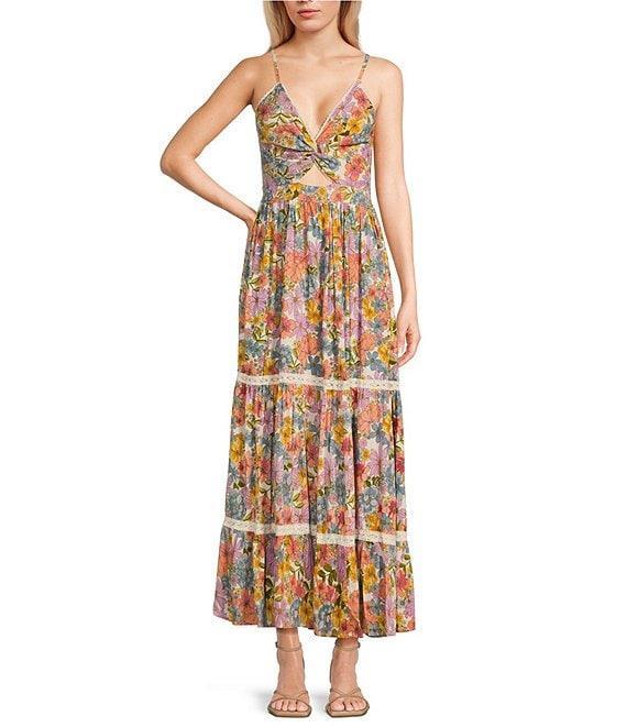 Angie Floral Print V-Neck Sleeveless Knot Front Tiered Crochet Trim Maxi Dress Product Image