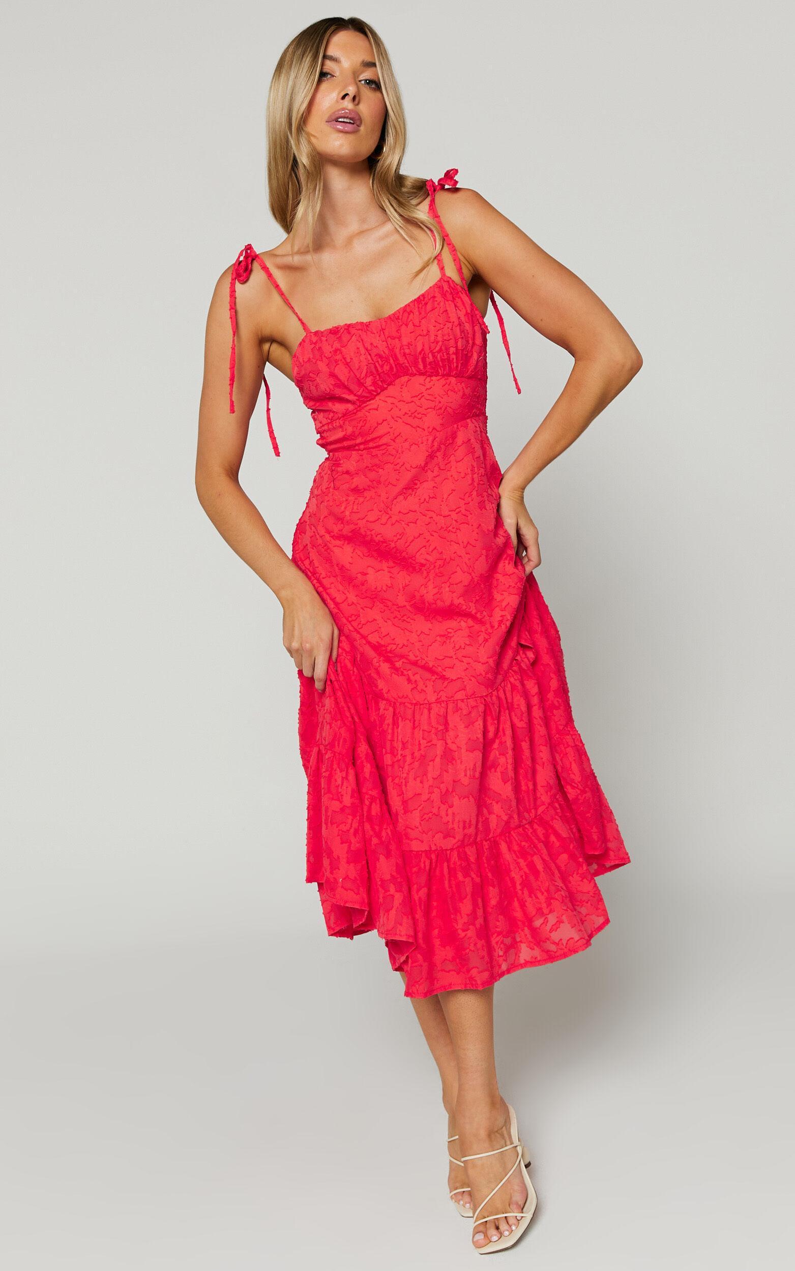 Jovena Midi Dress - Gathered Bodice Tiered Dress in Coral Product Image