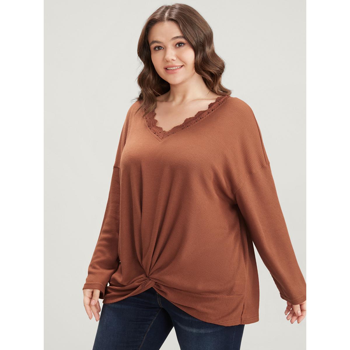 Plus Size Solid V Neck Lace Trim Twist Front Sweatshirt Women Rust Elegant Twist-front V-neck Dailywear Sweatshirts BloomChic 28/5X Product Image