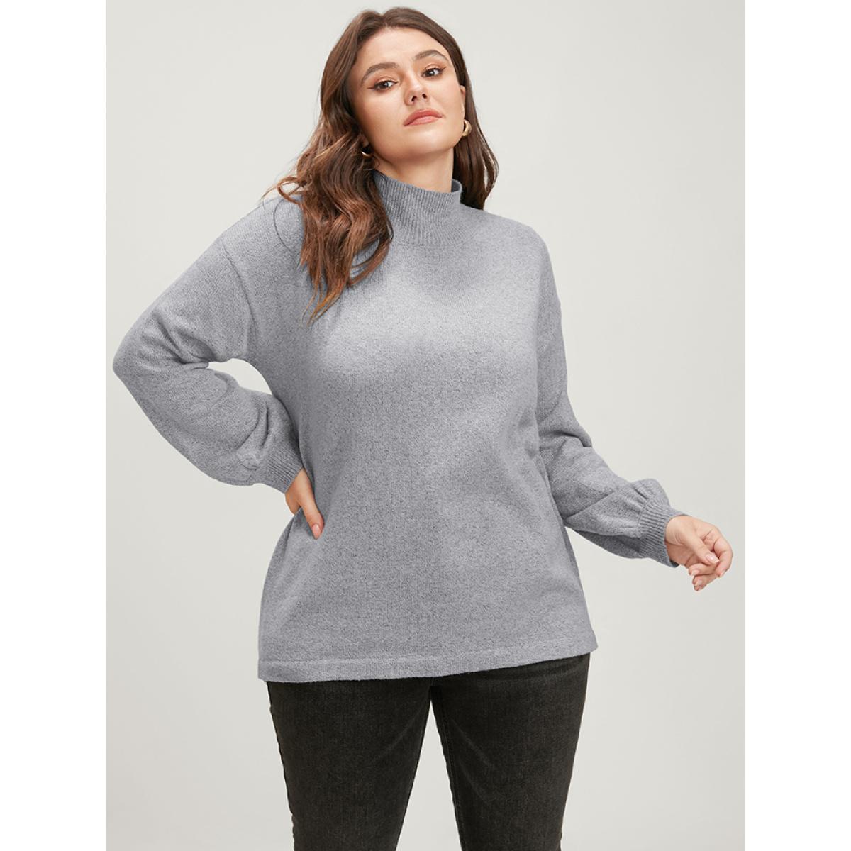 Plus Size Solid Pointelle Knit Lantern Sleeve Mock Neck Heather Knit Top LightGray Women Casual Long Sleeve Mock Neck Dailywear Pullovers BloomChic 14-16/1X Product Image