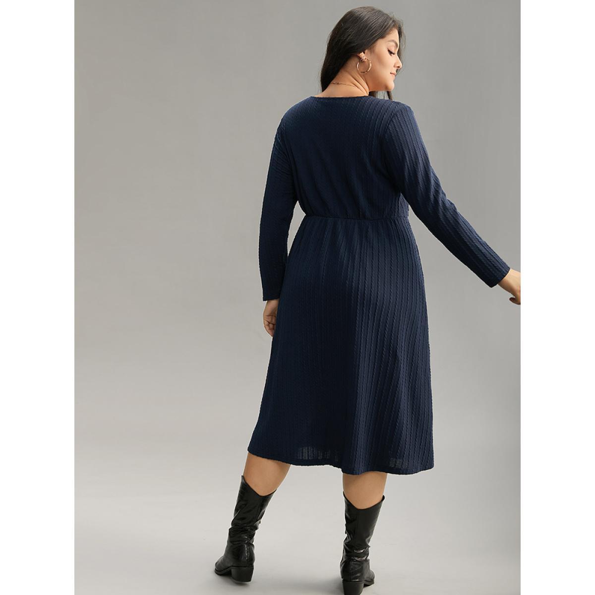 Plus Size Solid Appliques Button Detail Elastic Waist Dress Midnight Women Casual Texture Deep V-neck Long Sleeve Curvy Midi Dress BloomChic 22-24/3X Product Image