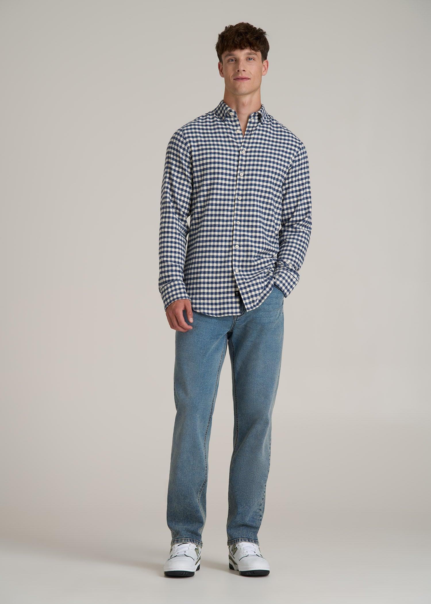 Midweight Brushed Flannel Button Shirt for Tall Men in Blue and Ecru Gingham Product Image