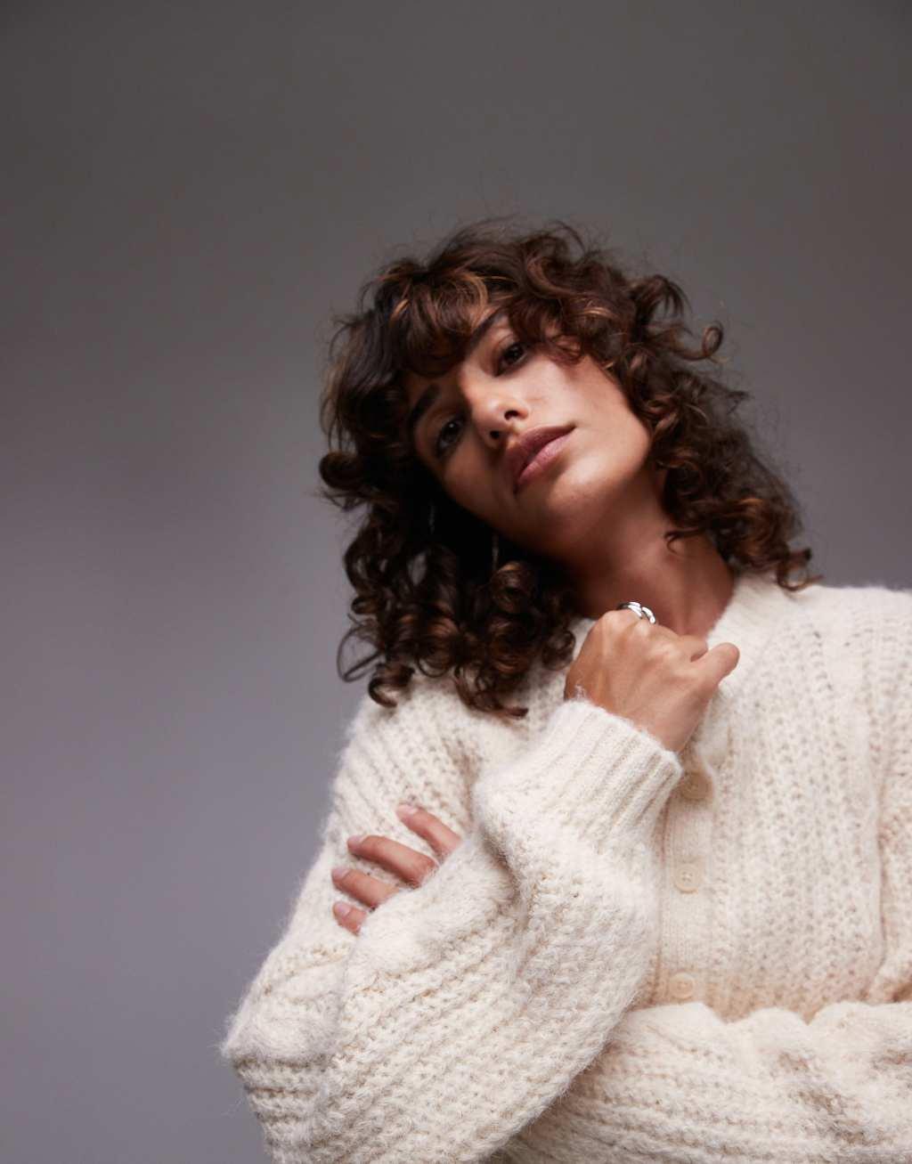 Topshop knit cropped fluffy cable cardigan in cream Product Image