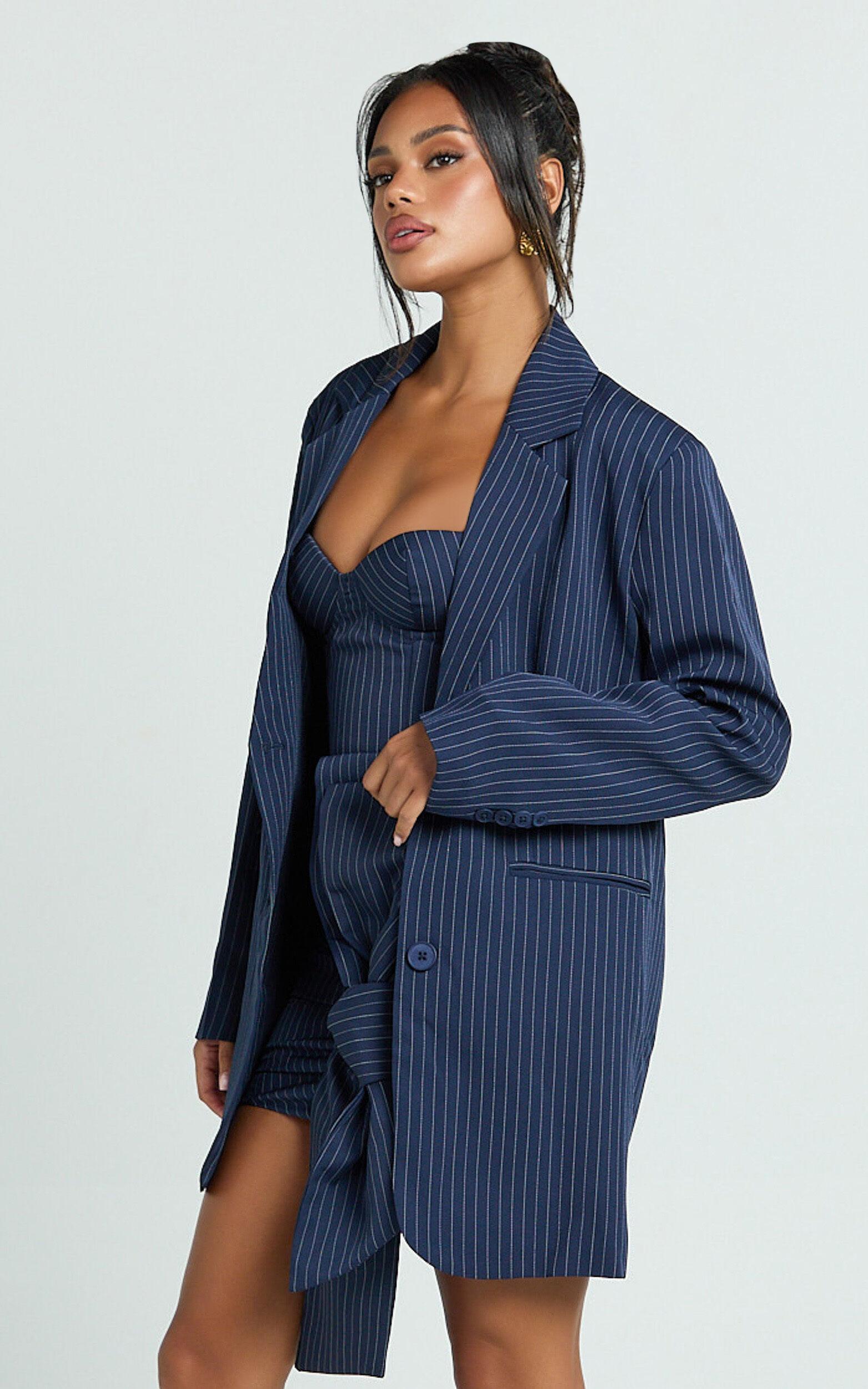 Elliot Jacket - Pinstripe Single Breasted Relaxed Shoulder Blazer in Navy Product Image