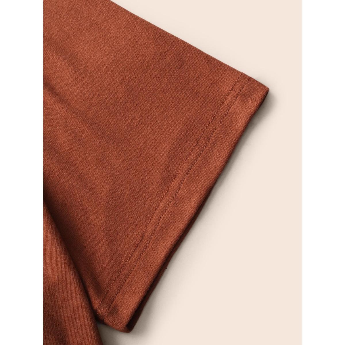 Plus Size V Neck Button Detail Ruched T-shirt Maroon Women Elegant Gathered V-neck Bodycon Everyday T-shirts BloomChic 12/L Product Image