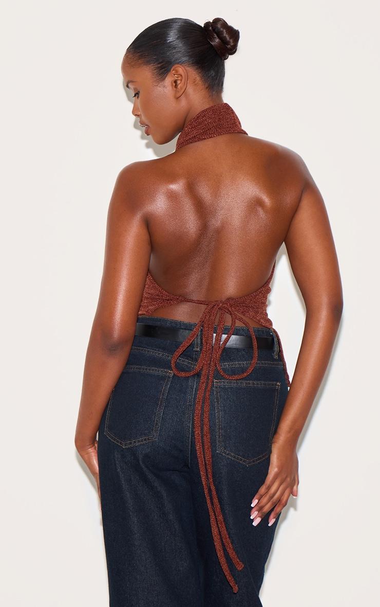 Brown Textured Cowl Neck Backless Long Top Product Image
