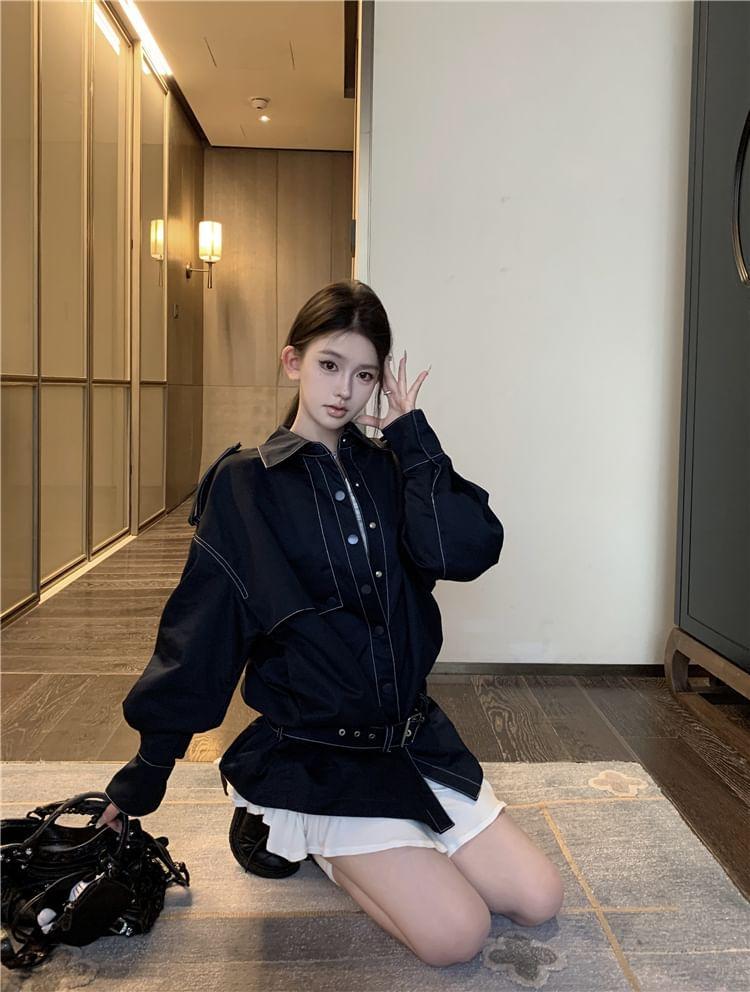 Lapel Collared Plain Patchwork Loose Shirt / Long-Sleeve Crew Neck Plain Top / Mid Rise Mini Skirt / Set Product Image