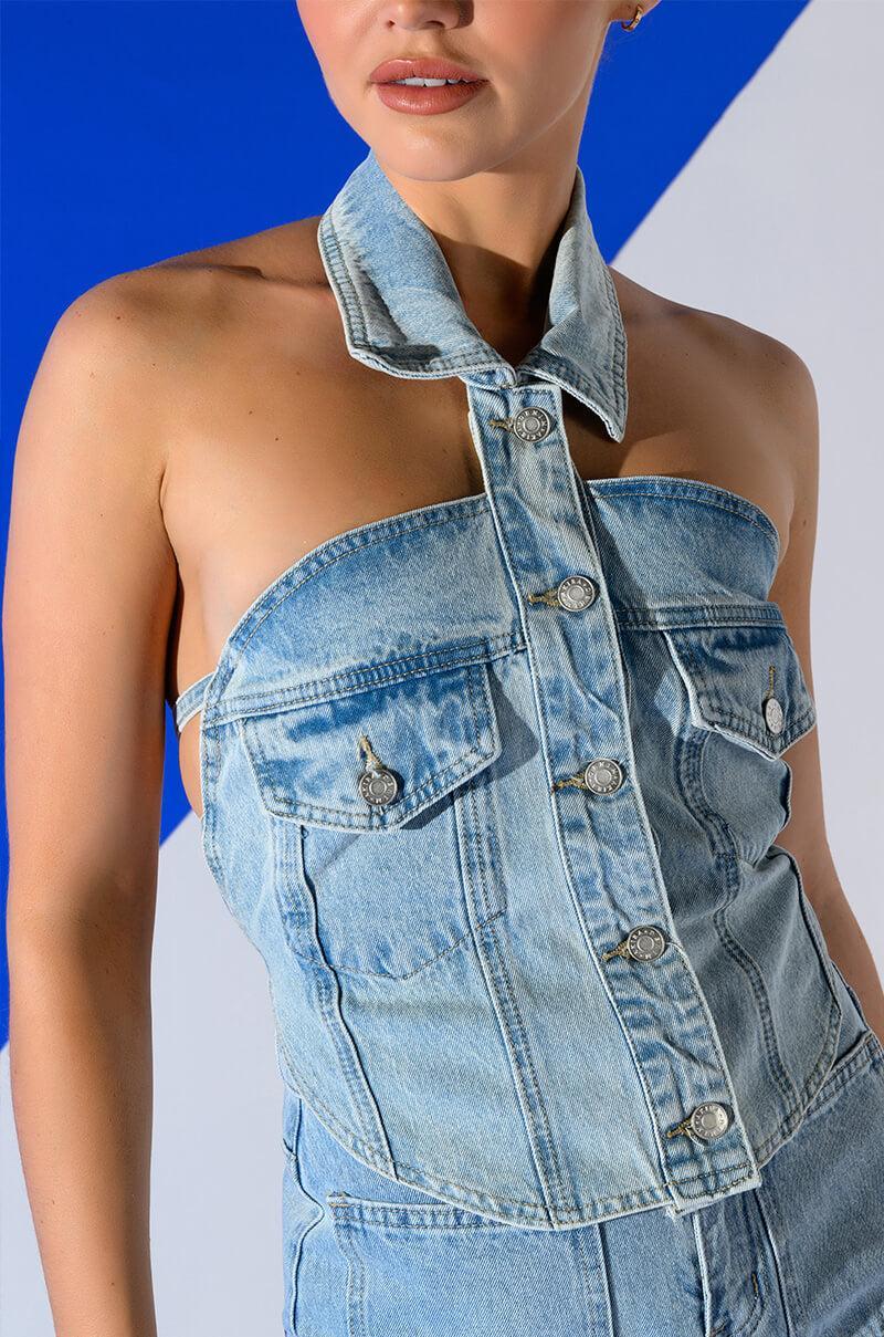 ANGELICA DENIM BUTTON DOWN COLLAR CORSET TOP Product Image
