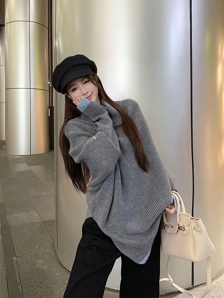Turtleneck Batwing Sleeve Drop Shoulder Sweater / Mid Waist Flared Jeans Product Image