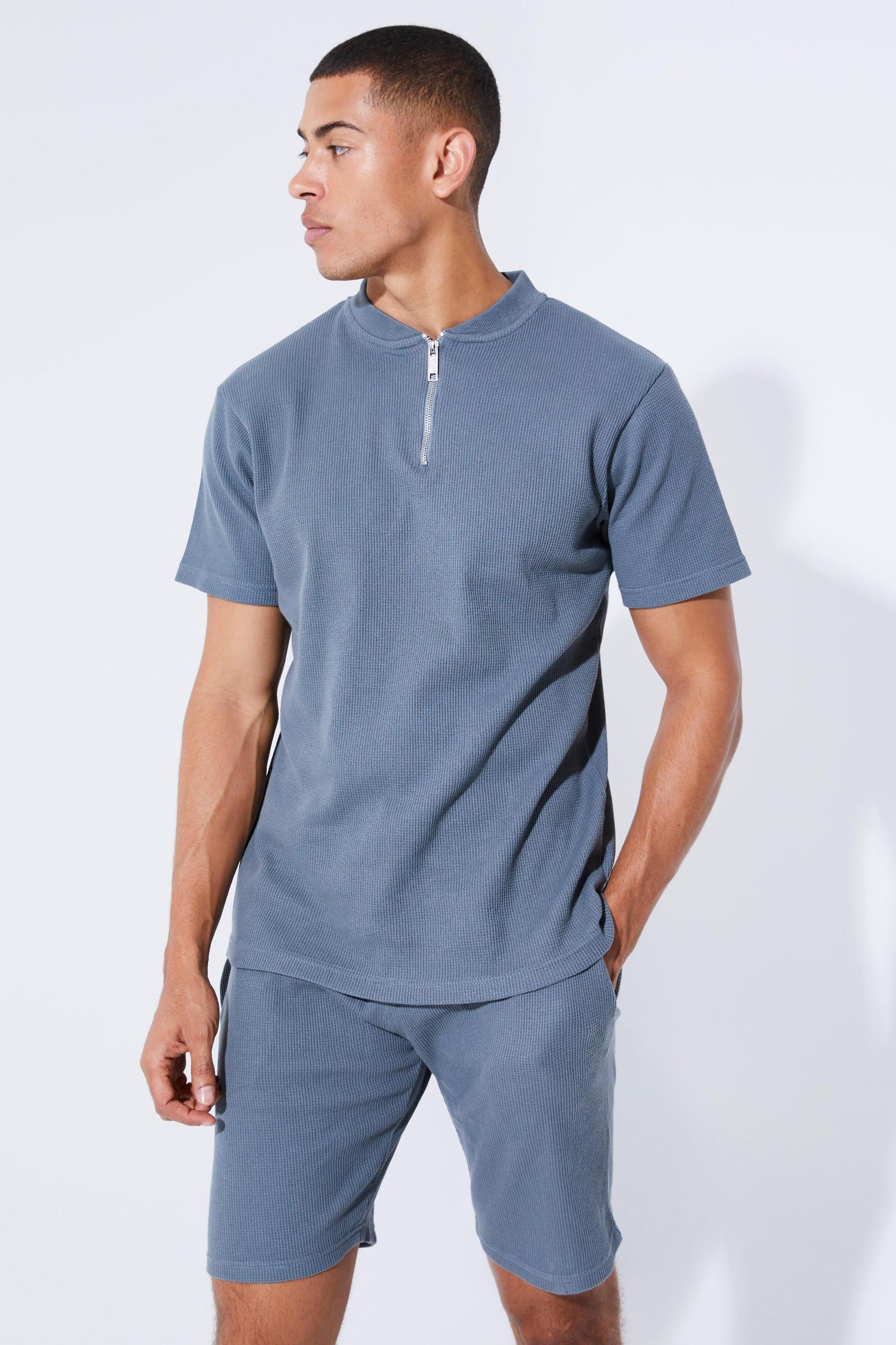 Mens Slim Fit Waffle Bomber Neck Polo & Short Set - Blue Product Image