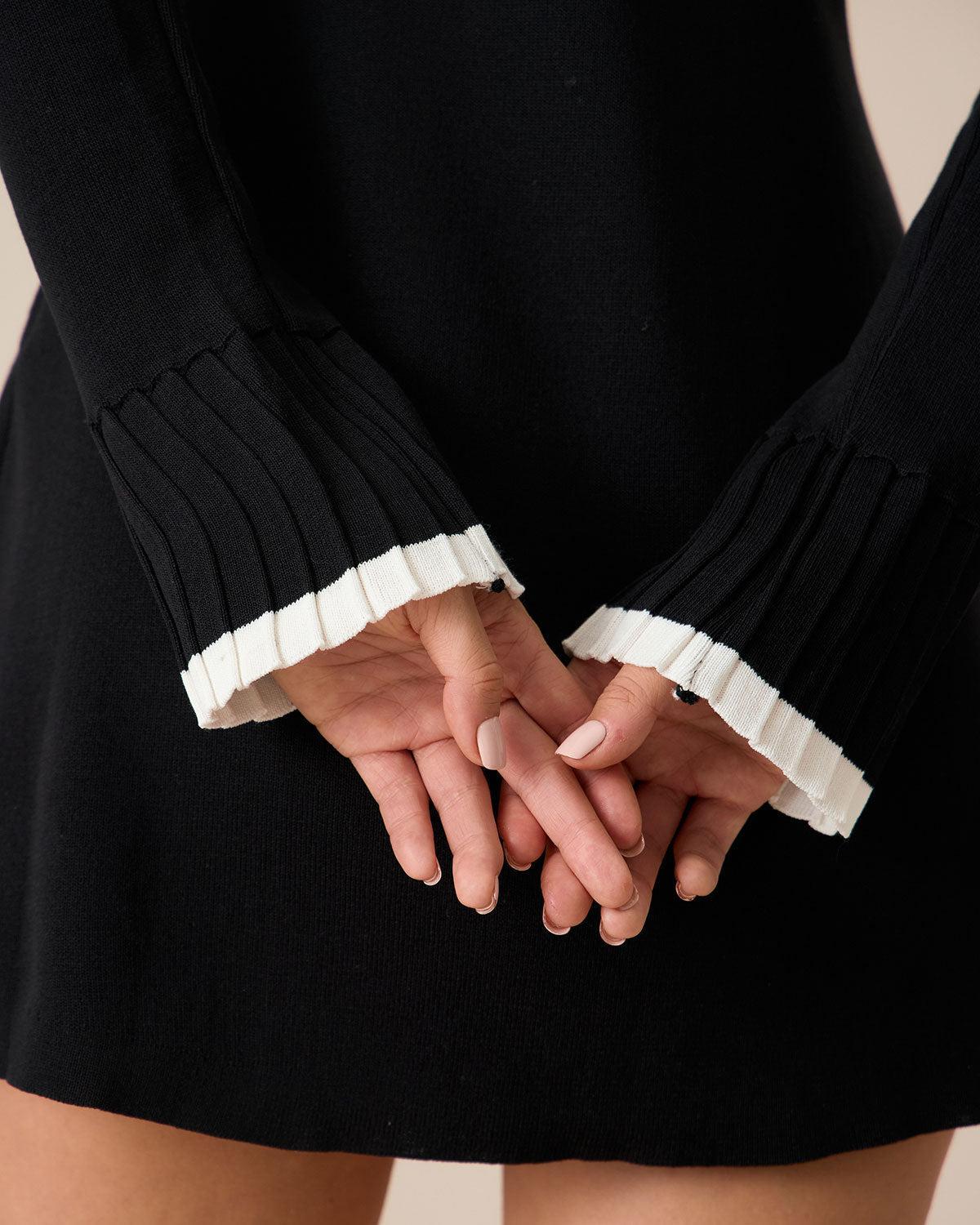 Black Contrasting Long Sleeve Sweater Mini Dress Product Image