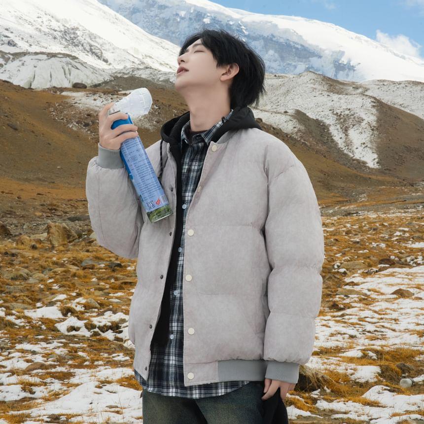 Washed Panel Hooded Button Puffer Jacket Product Image