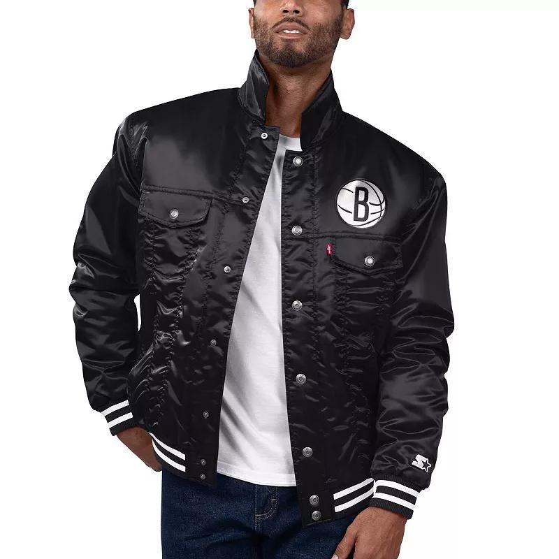 Mens Starter x Levis Brooklyn Nets Silver Label Trucker Satin Full-Snap Jacket Product Image