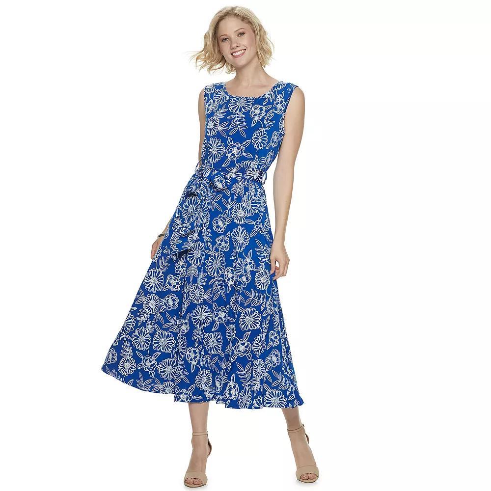 Women's Nina Leonard Belted Sleeveless Print Midi Dress, Size: Large, Blue Floral Product Image