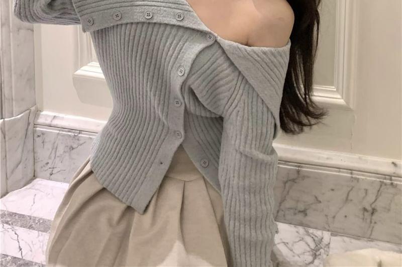 Long Sleeve Off-Shoulder Plain Ribbed-Knit Slim-Fit Sweater Product Image