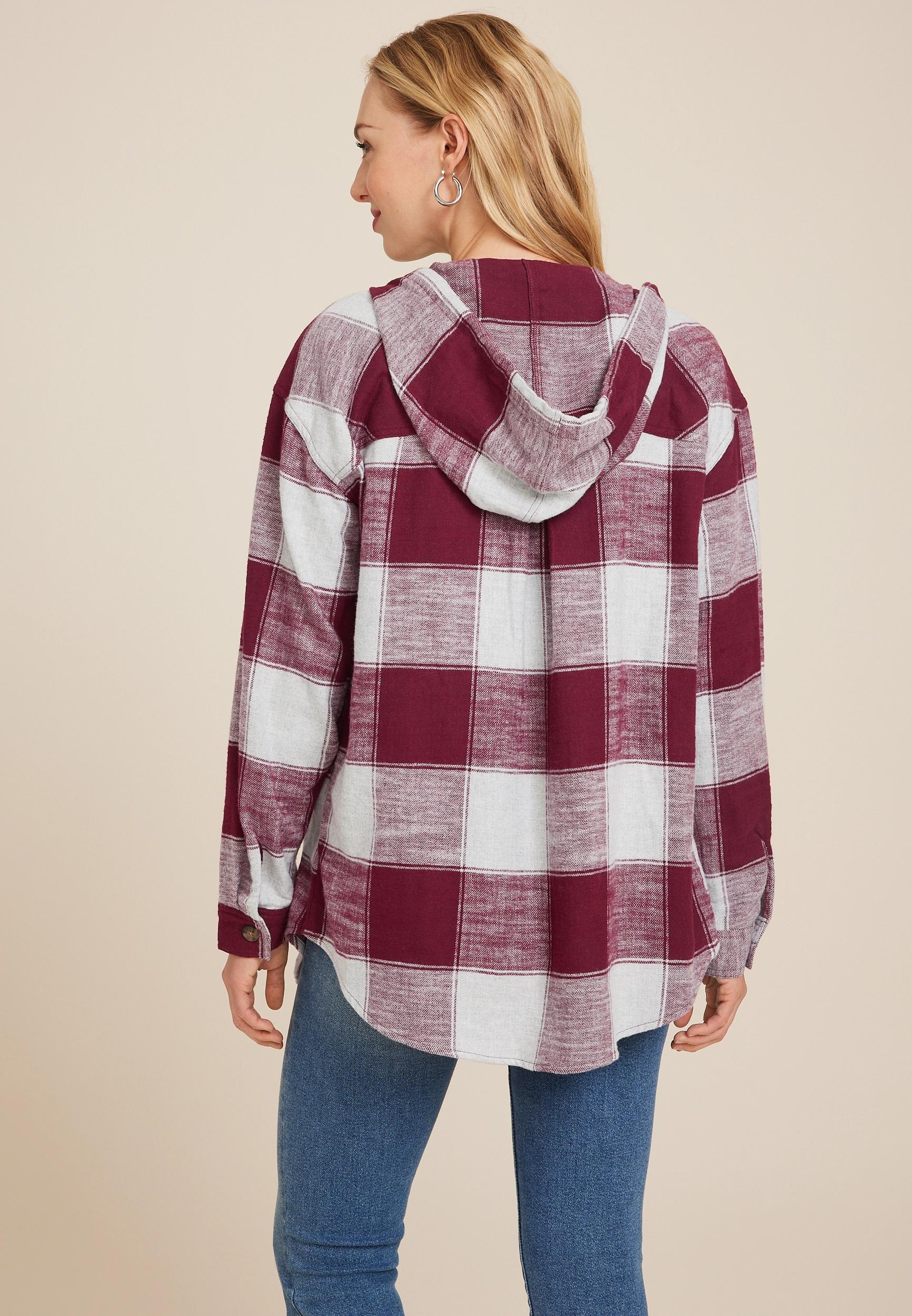 Maurices Womens Cabin Plaid Boyfriend Hooded Button Down Shirt Brown Size X Small Product Image