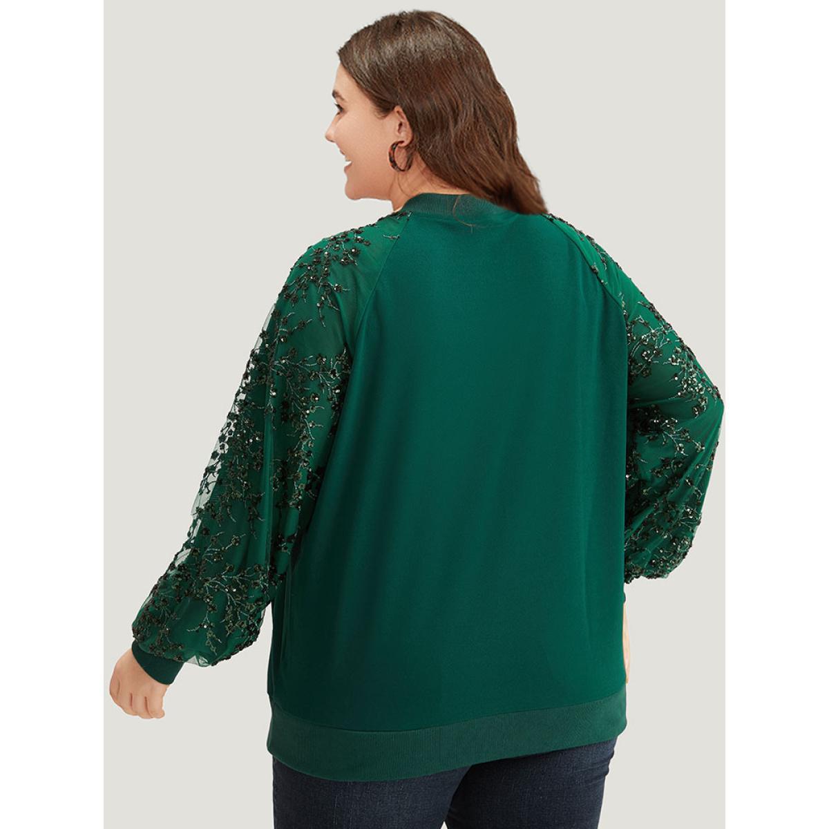 Plus Size Embroidered Patchwork Mesh Zipper Jacket Women Green Elastic cuffs Dailywear Jackets BloomChic 26/4X Product Image