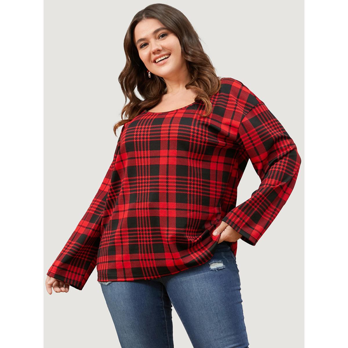 Plus Size Plaid Round Neck Bell Sleeve Sweatshirt Women Scarlet Elegant Round Neck Dailywear Sweatshirts BloomChic 26/4X Product Image