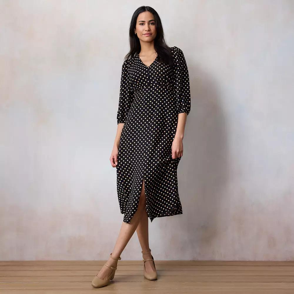 Womens LC Lauren Conrad V Neck Button Front Midi Dress Product Image