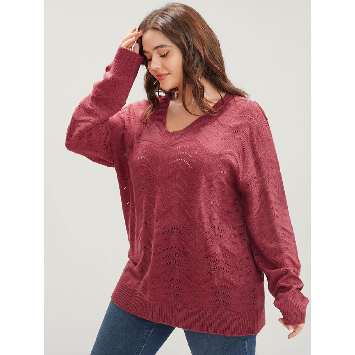 Plus Size Plain Pointelle Knit Water Ripple Eyelet Knit Top Scarlet Women Casual Loose Long Sleeve V-neck Dailywear Pullovers BloomChic 28/5X Product Image