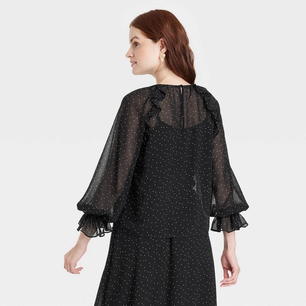 Womens Long Sleeve Ruffle Blouse - A New Day Black Polka Dots Product Image
