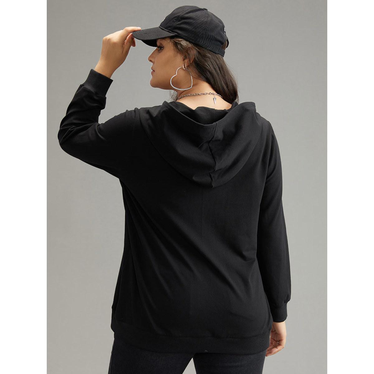 Plus Size Cotton Solid Pocket Hooded Sweatshirt Women Black Casual Elastic cuffs Hooded Dailywear Sweatshirts BloomChic 12/L Product Image