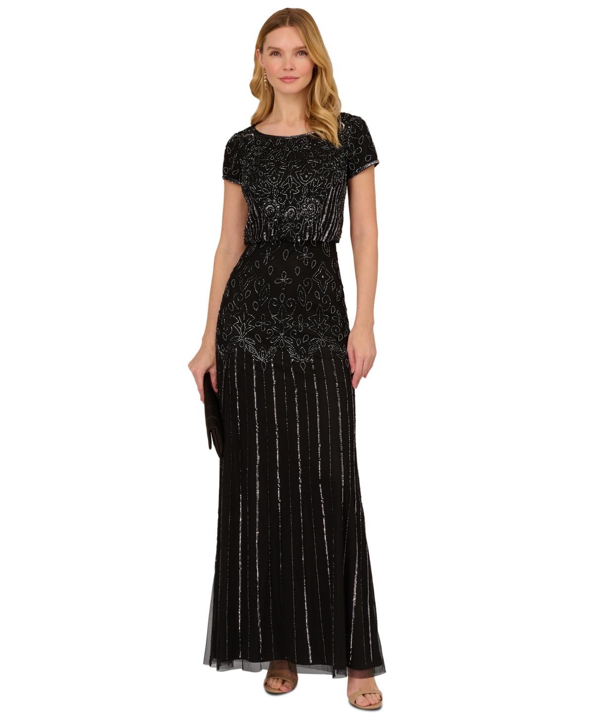 Adrianna Papell Womens Beaded Short-Sleeve Sheer-Overlay Gown Product Image