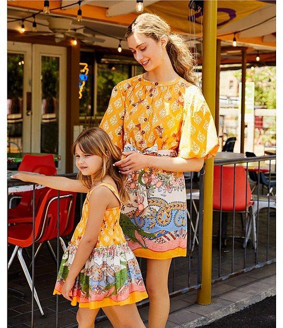 A Loves A Border Print Mandarin Collar Short Bubble Sleeve Button Front Tie At Waist Sheath Mini Dress Product Image