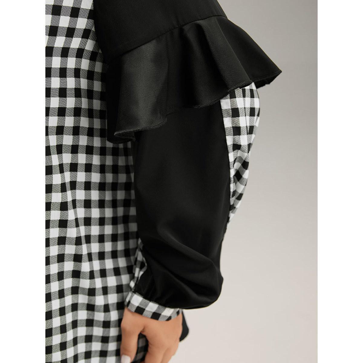 Plus Size Black Gingham Patchwork Ruffle Trim Blouse Women Office Long Sleeve V-neck Work Blouses BloomChic 22-24/3X Product Image