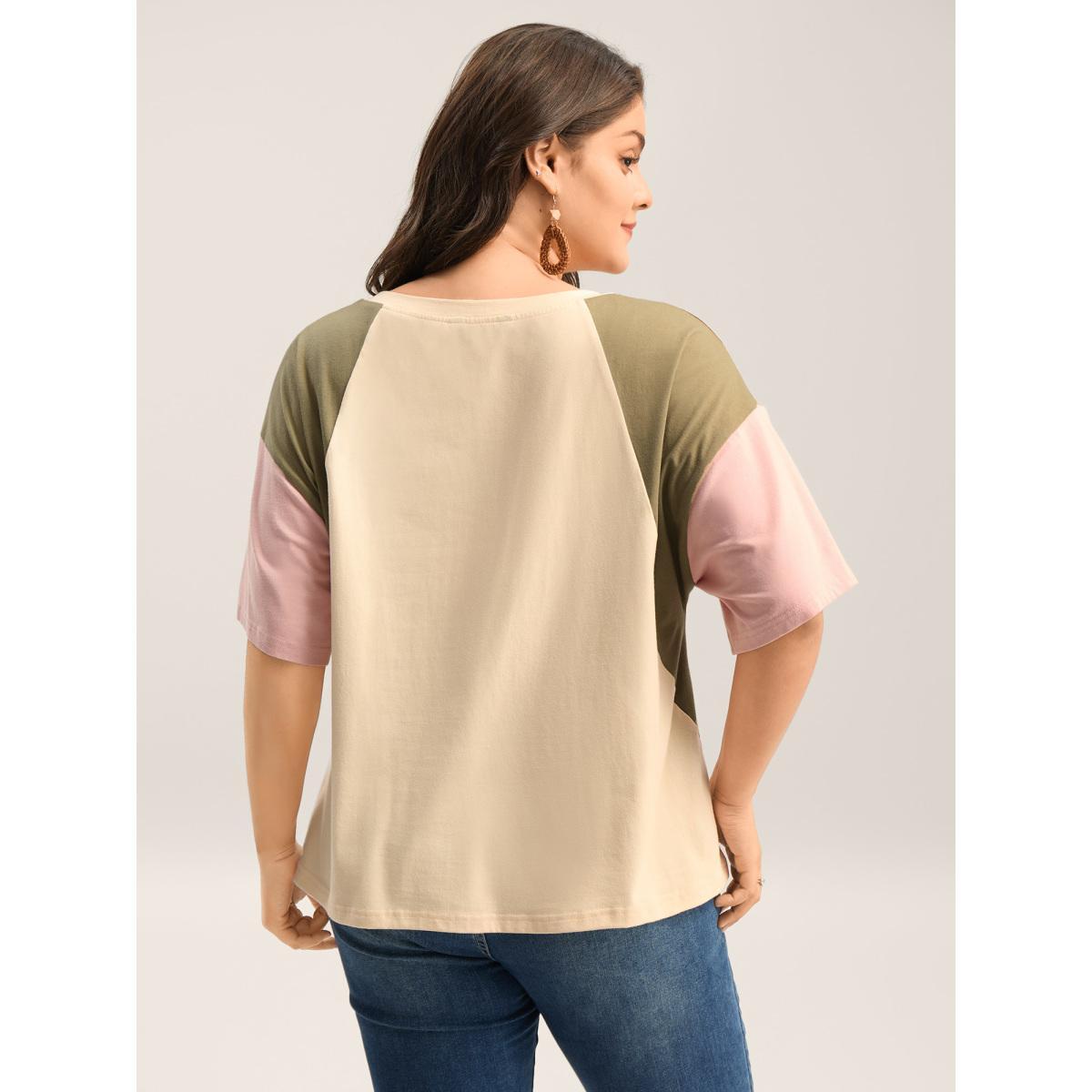 Plus Size Pure Cotton Color Contrast T-Shirt Apricot Women Contrast V-neck Vacation T-shirts BloomChic 10/M Product Image