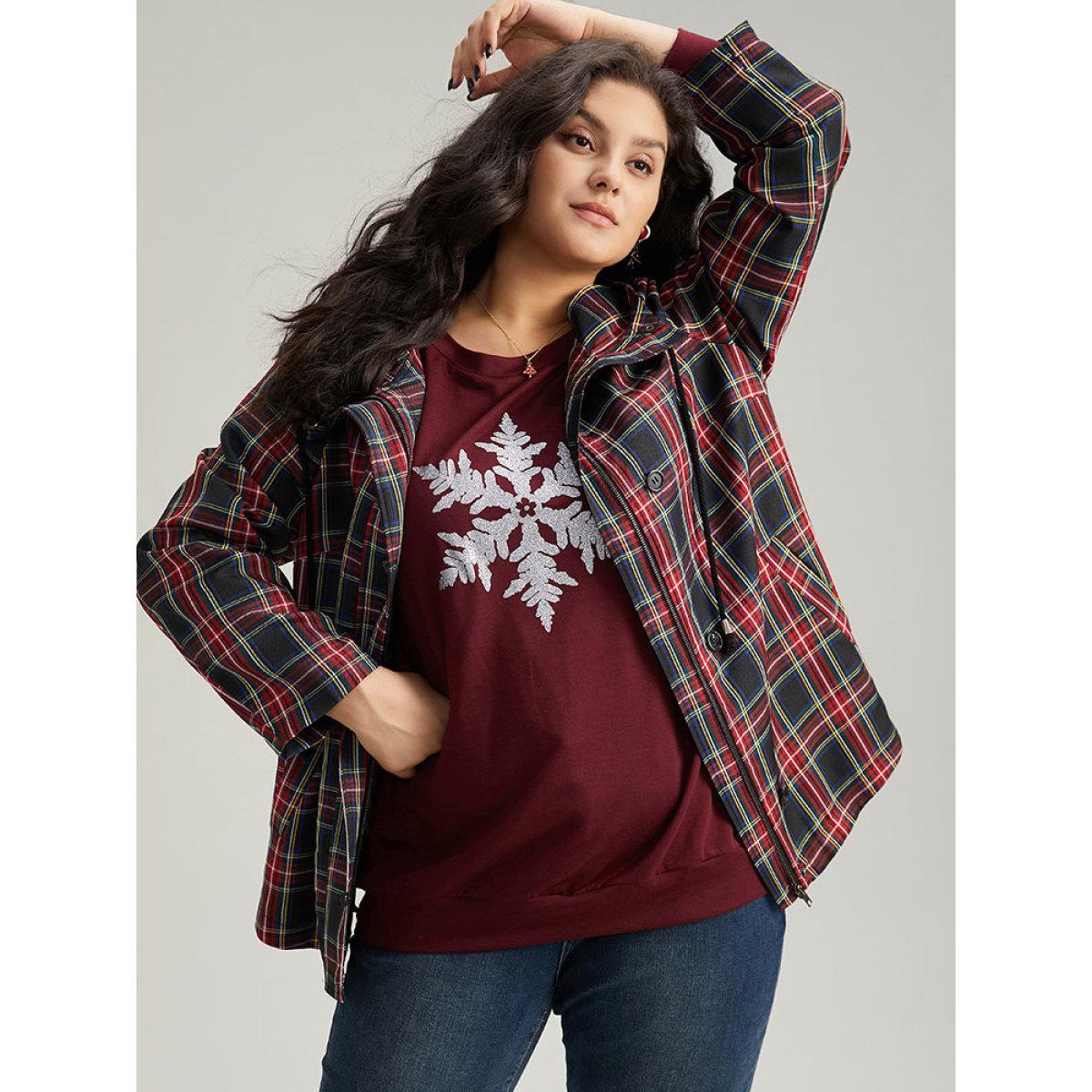 Plus Size Plaid Slant Pocket Hooded Coat Women Multicolor Casual Contrast Ladies Dailywear Winter Coats BloomChic 12/L Product Image