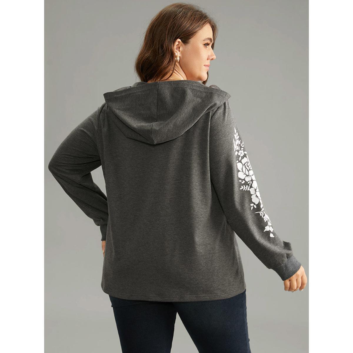Plus Size Floral Print Hooded Rib Knit Sweatshirt Women DimGray Elegant Printed Hooded Dailywear Sweatshirts BloomChic 18-20/2X Product Image