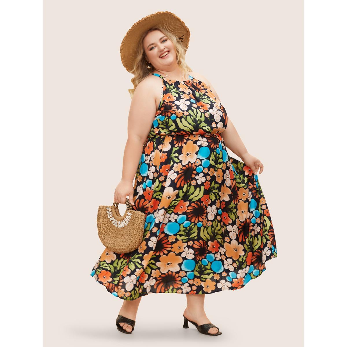 Plus Size Floral Printed Patchwork Side Seam Pocket Dress Indigo Women Resort Gathered Non Sleeveless Curvy BloomChic 18-20/2X Product Image