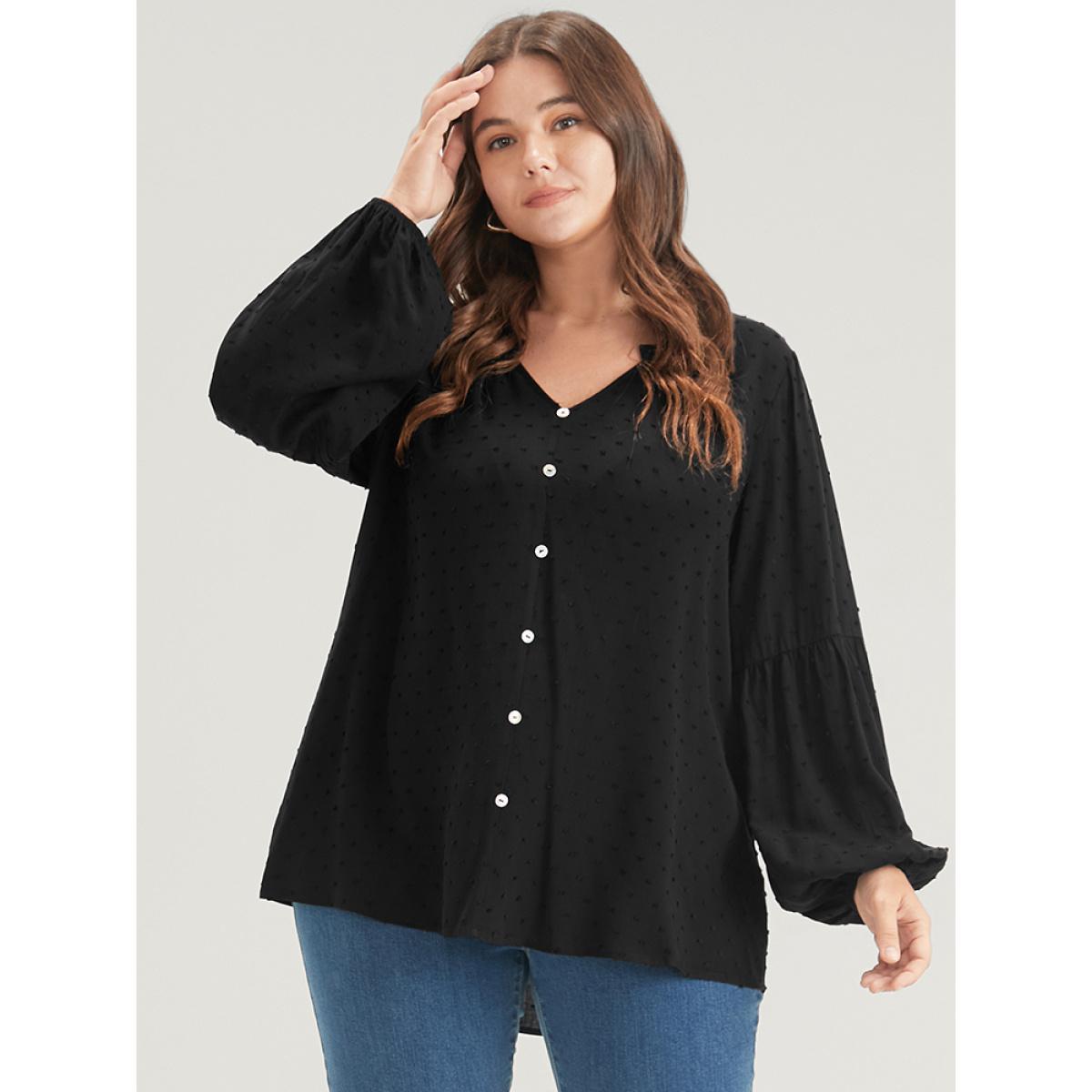 Plus Size Black Solid Button Lantern Sleeve Polka Dot Blouse Women Basics Cap Sleeve V-neck Work Blouses BloomChic 28/5X Product Image
