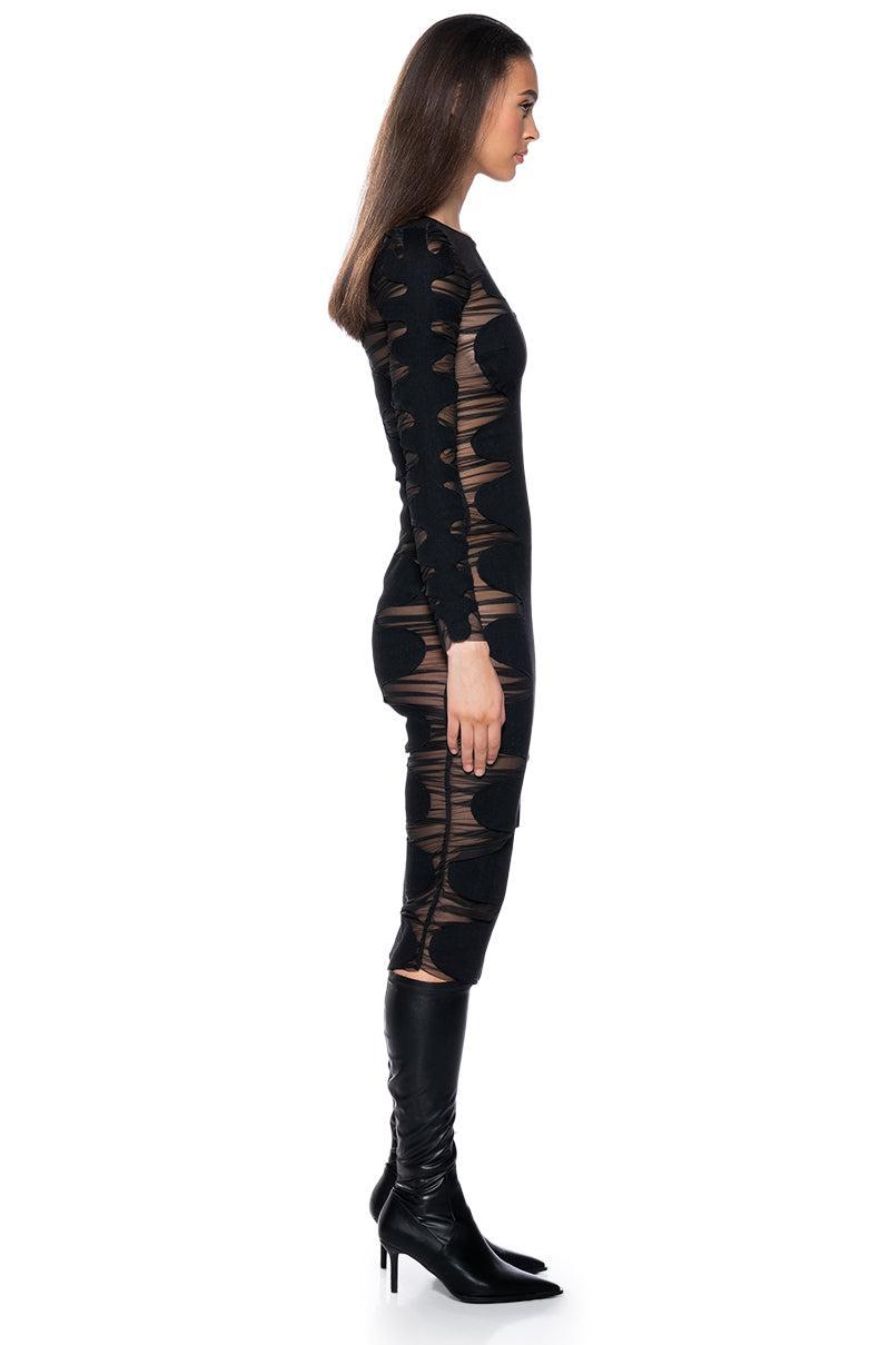 DEVON DENIM AND MESH LONG SLEEVE MIDI DRESS Product Image