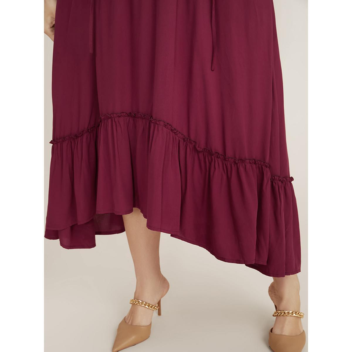 Plus Size Solid Pocket Button Detail Tie Neck Shirred Ruffles Dress Burgundy Women Elegant Pocket V-neck Long Sleeve Curvy Midi Dress BloomChic 18-20/2X Product Image