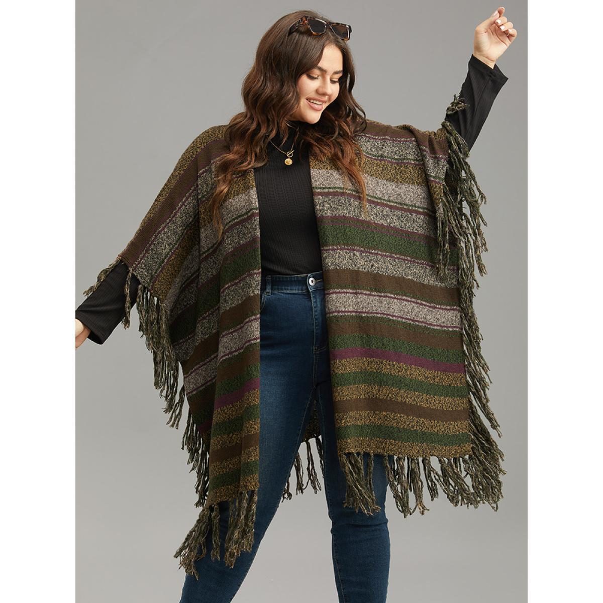 Plus Size Contrast Striped Fringe Trim Drape Cardigan Multicolor Women Casual Loose Sleeveless Everyday Cardigans BloomChic 26/4X Product Image