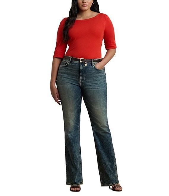 Lauren Ralph Lauren Plus Size Stretch Cotton Boat Neck Short Folded Elbow Sleeve Top Product Image