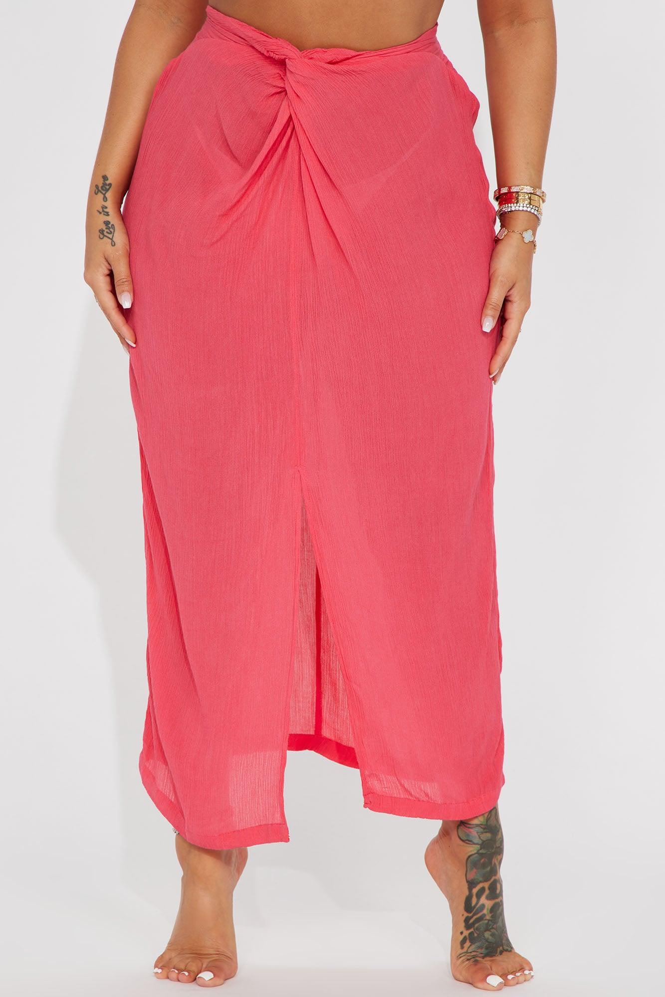 Breezy Nights Linen Swim Cover Up Skirt - Hot Pink Product Image