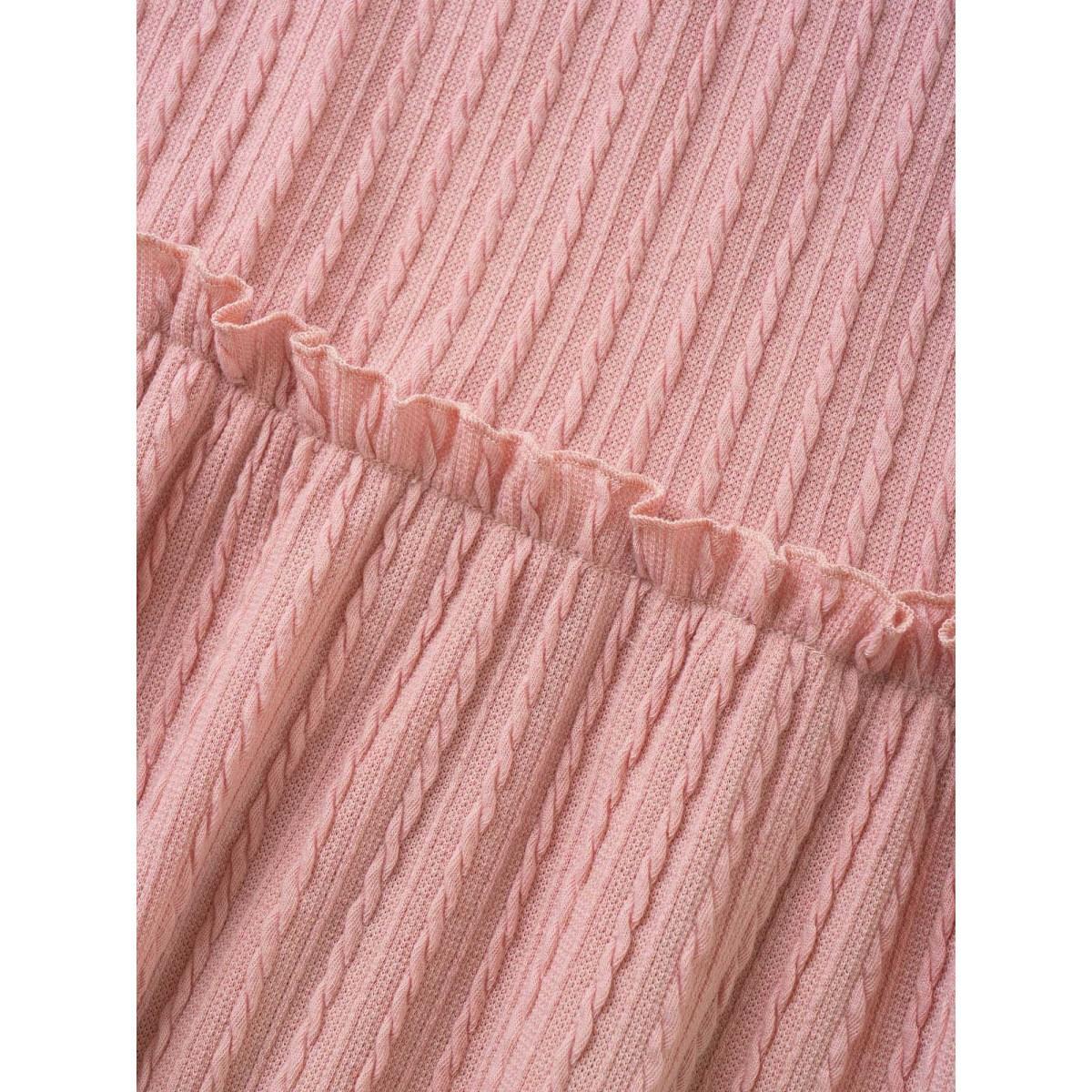 Plus Size Plain Textured Frill Trim Pocket Dress Pink Women Casual Frill Trim Round Neck Short sleeve Curvy BloomChic 12/L Product Image
