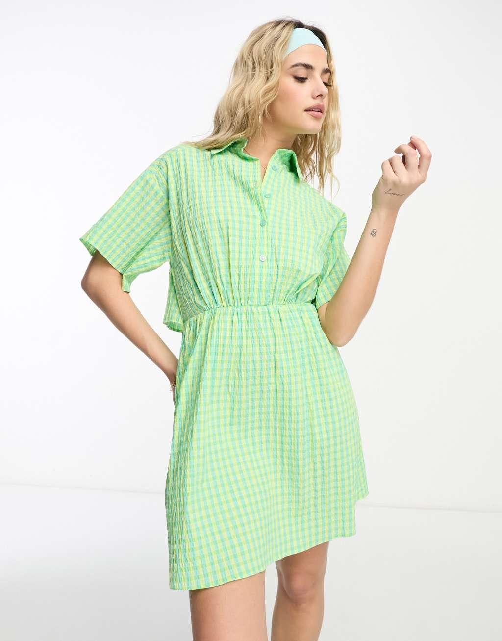 ASOS DESIGN cut out back shirt mini dress with seersucker green and yellow check-Multi Product Image