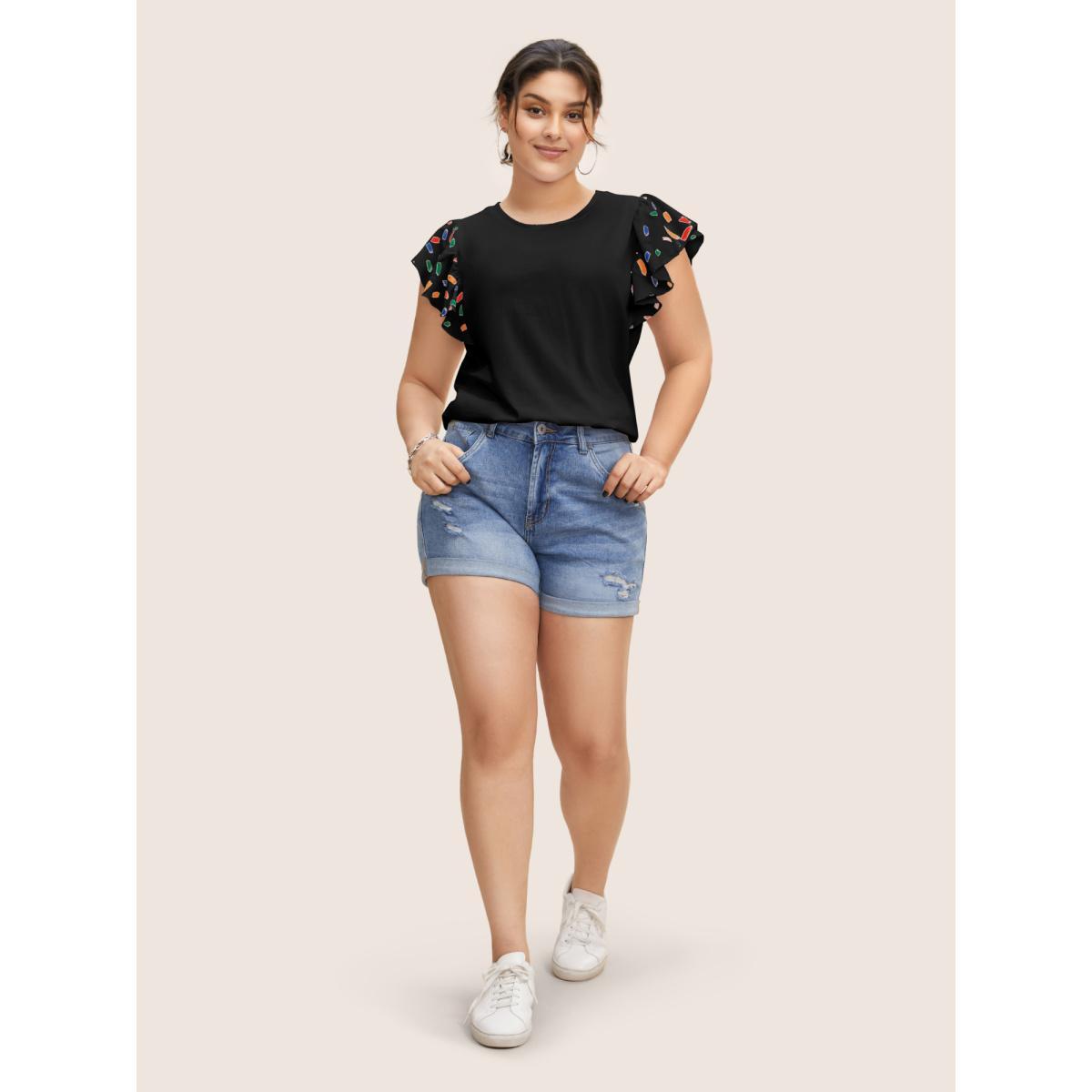 Plus Size Colored Brush Print Ruffle Cap Sleeve T-shirt Black Women Casual Contrast Round Neck Everyday T-shirts BloomChic 28/5X Product Image