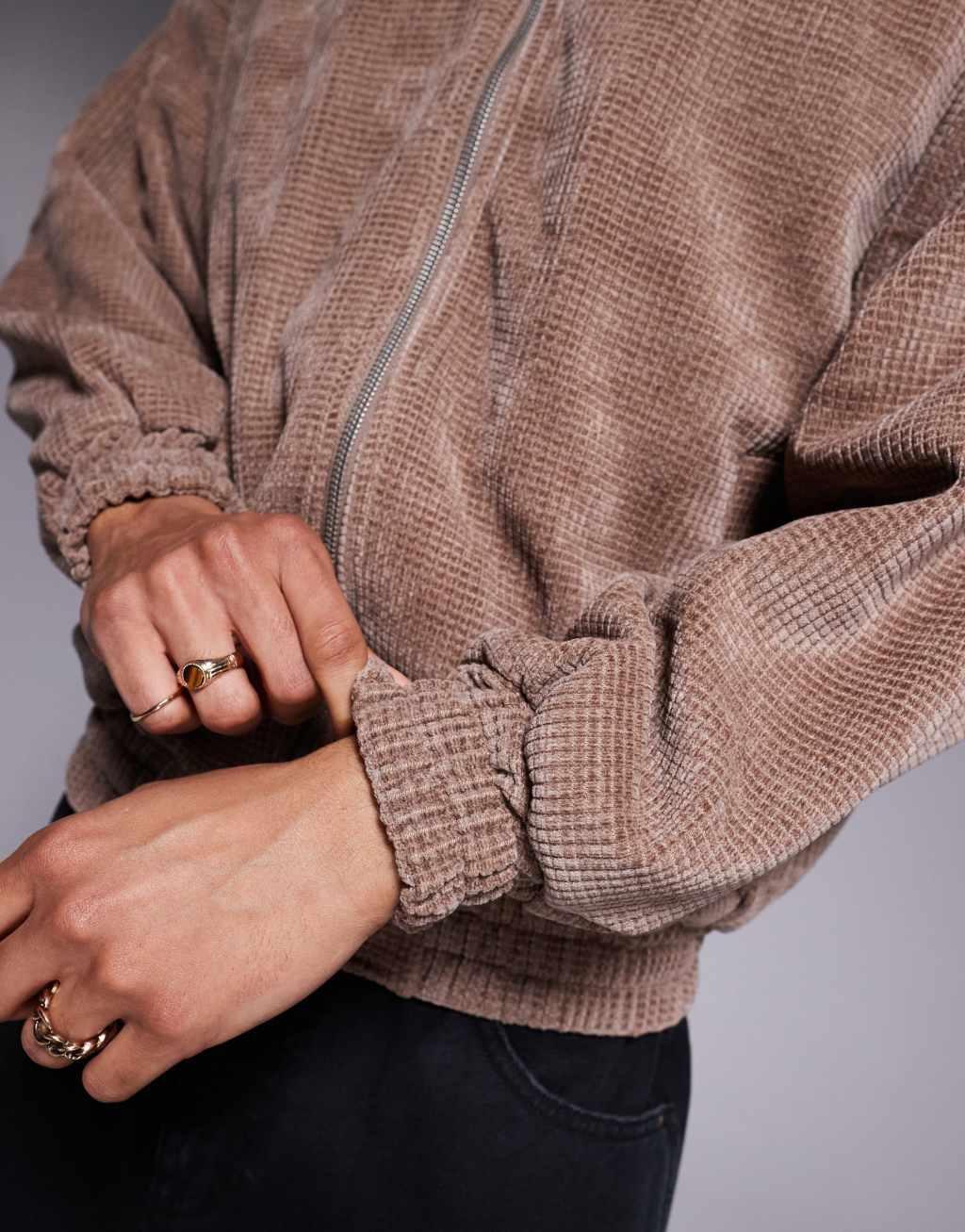 ASOS DESIGN oversized waffle funnel neck jacket in brown Product Image